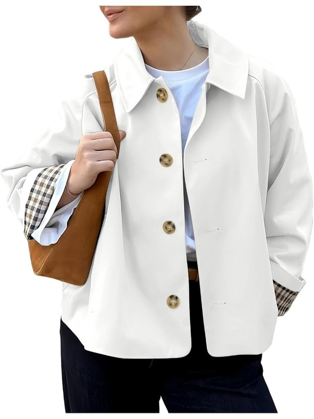 Women White Cropped Single Breasted Button Front Plaid Cuff Lining Trench Coat
